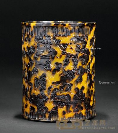 民国 玳瑁围雕山水人物笔筒 11.5×9cm