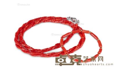 近代 沙丁牛血红珊瑚项链手链 （一组二件） --