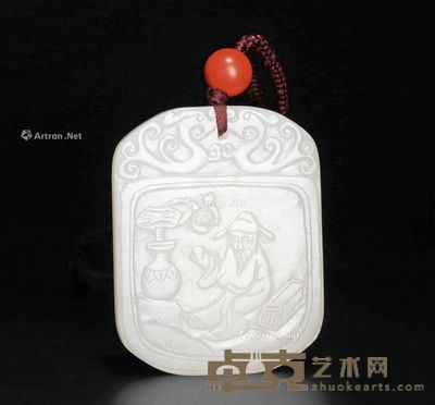 清 白玉文珍款李白醉酒诗意图子冈牌 长5.6cm；宽4.4cm