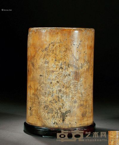 清初 张在辛诗文山水象牙笔筒 高11.5cm；直径8.2cm