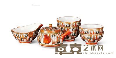 昭和 九谷烧矾红描金茶具 （一套七件） 长10cm；高5cm