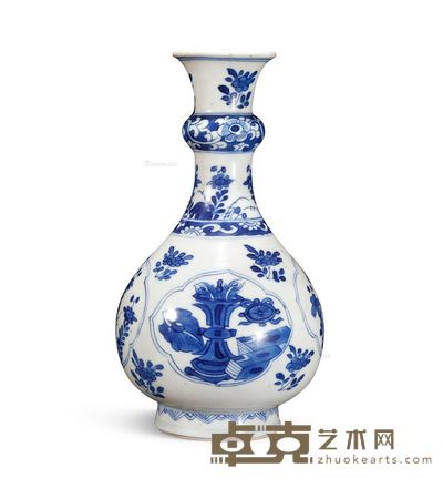 清中期 青花开光博古图玉壶春瓶 高19.5cm；直径5cm