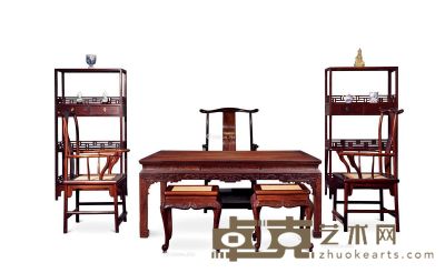 卷草纹茶几 四出头官帽椅三把 品字栏杆架格一对 小方凳一对 155×108×66.5cm；56×49.5×48cm；总高117.5cm；80