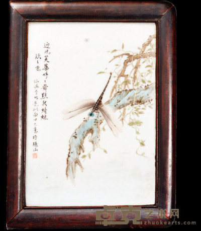 民国　蜻蜓瓷板画　李明亮款 22×16cm（连框)