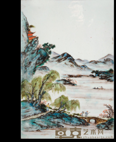 民国　新粉彩山水人物瓷板 39×26cm