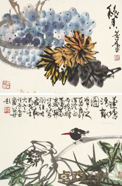 许麟庐 秋香 莲塘清趣图 34×46cm×2