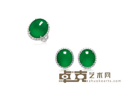 缅甸天然翡翠配钻石戒指及耳环套装 --