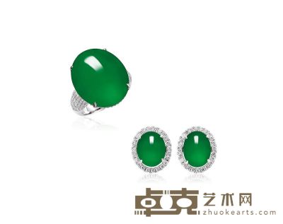 缅甸天然翡翠配钻石戒指及耳环珠宝套装 --