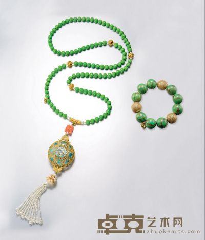 Sukhothai金镶嵌绿色绿松石珠链及手链珠宝套装 --