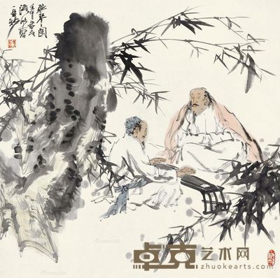 苗再新 听琴图 67×67cm