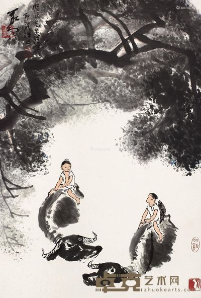 李可染 榕塘渡牛 68×46cm