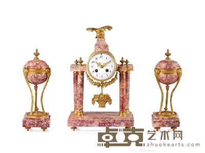 约19世纪 法国 大理石廊柱钟 （三件套） 钟24×11×38cm；瓶9×8×26cm