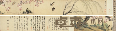 桃柳飞燕图 手卷 设色纸本 画心28×271.5cm；跋文28×127cm