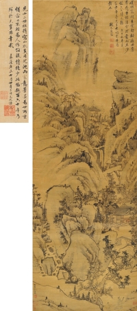 1660年作 丹崖高阁图 立轴 设色绫本