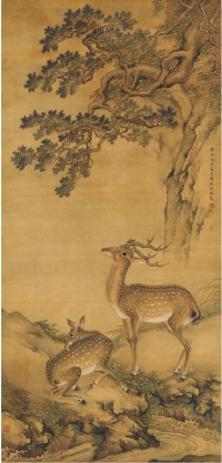 1748年作 松崖双鹿图 立轴 设色绢本