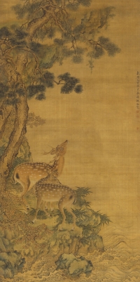 1755年作 松荫双鹿图 立轴 设色绢本