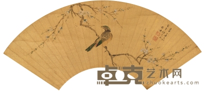 1368年作 梅花彩禽图 扇页 泥金纸本 50×17cm