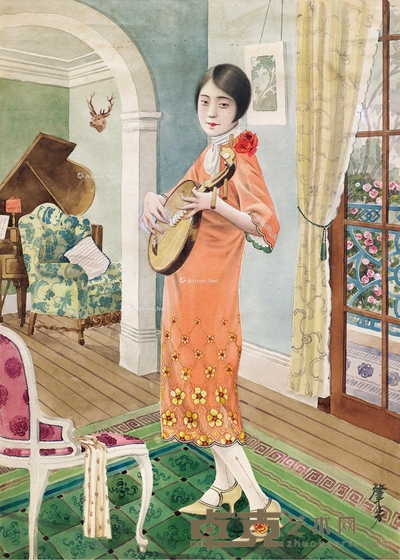 金肇芳 持琵琶的少女 57×41cm