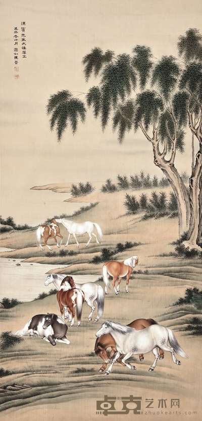 柳下八骏图 132×62cm