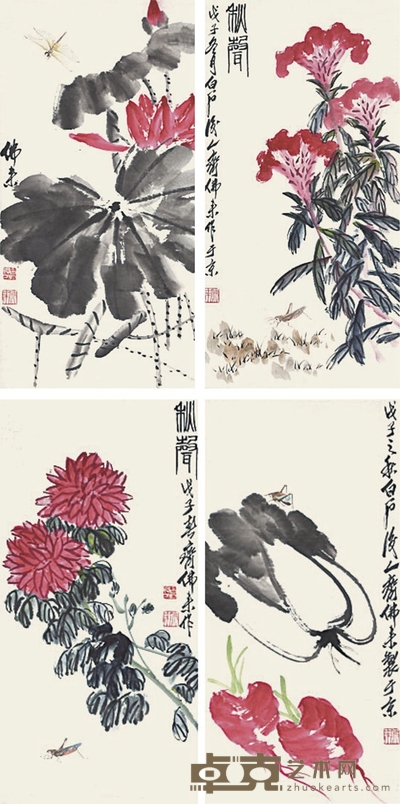 花卉四条屏 66×33cm×4