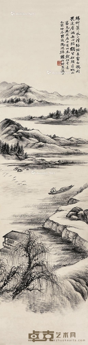 冯超然     己酉（1909）年作 独坐船头看晚山 145×37cm