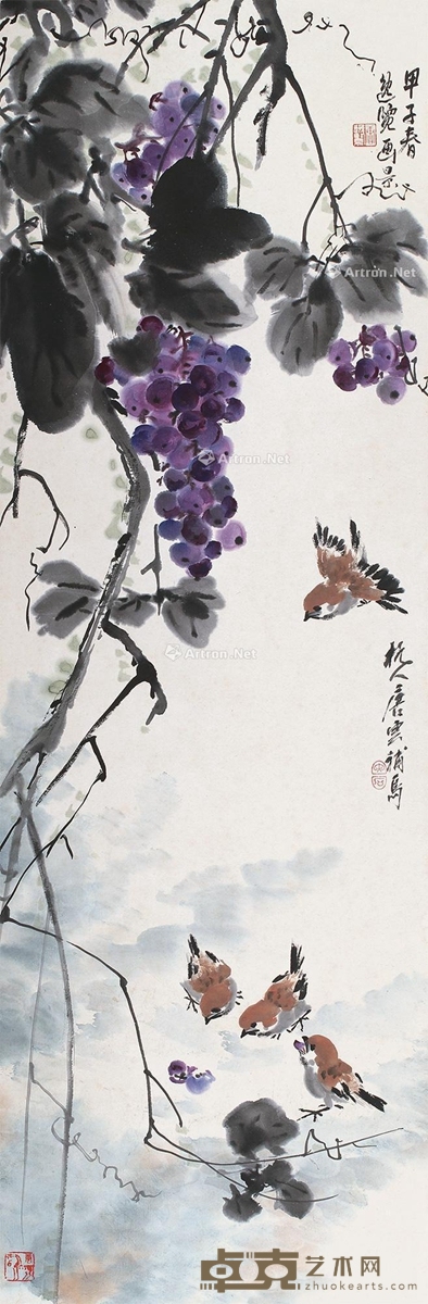 唐云 唐逸览     甲子（1984）年作 葡萄小鸟 100×32cm