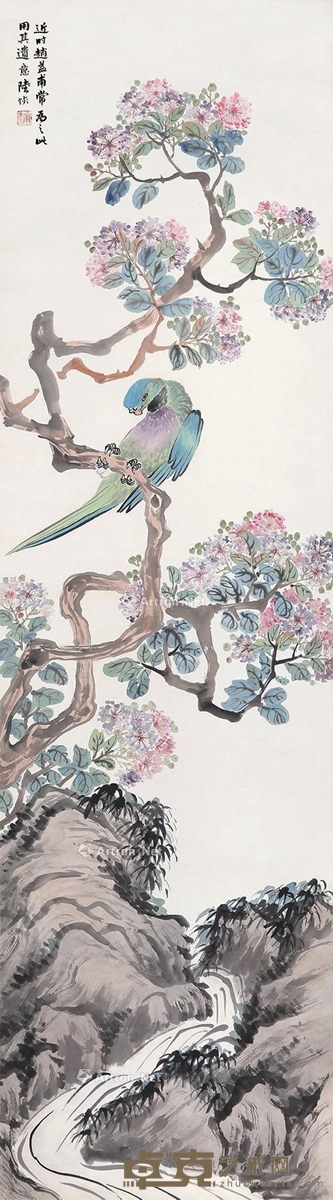 陆恢 栖枝鹦鹉 169×45cm