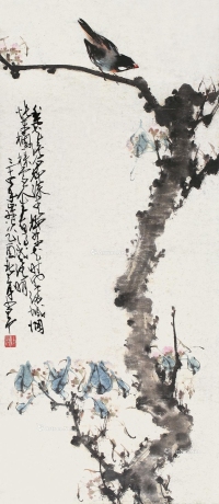 赵少昂     乙酉（1945）年作 梨花小鸟
