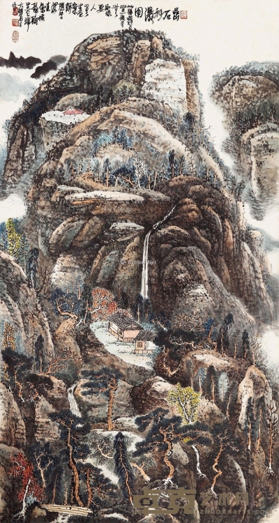黄秋园     岩石秋瀑图 167×90cm