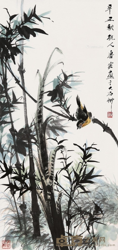 唐云     辛丑（1961）年作 竹雀图 94×44cm