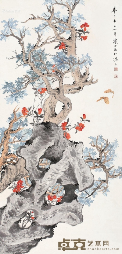 江寒汀辛巳（1941）年作花圃蝶飞 96×46cm