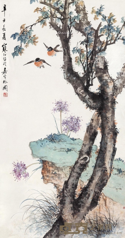 江寒汀辛丑（1961）年作园圃双鸟 127×66cm