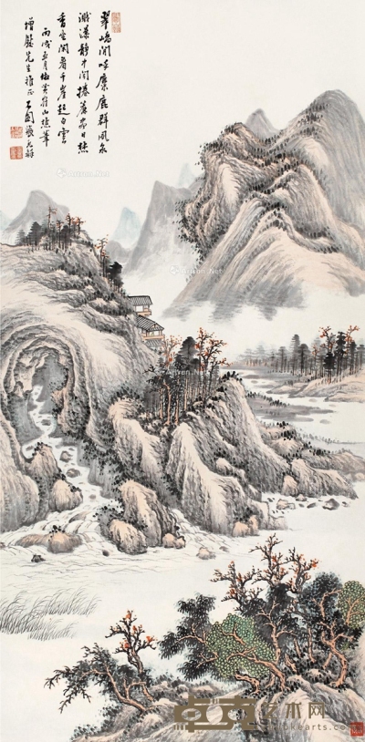 张石园丙戌（1946）年作高阁观山 106×52cm