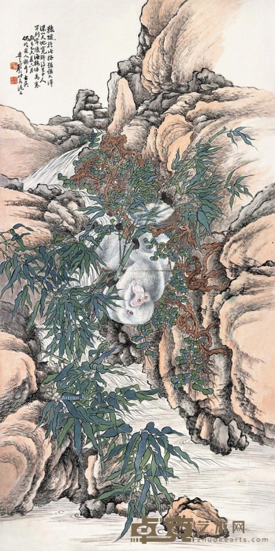 顾颐己未（1919）年作猴戏图 133×66cm