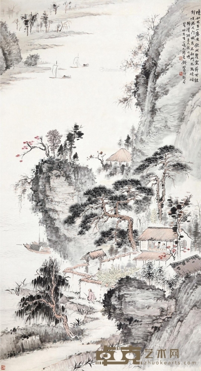 钱松嵒乙酉（1945）年作湖山幽院 147×80cm