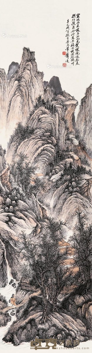 汪声远辛巳（1941）年作访山寒林 151×40cm