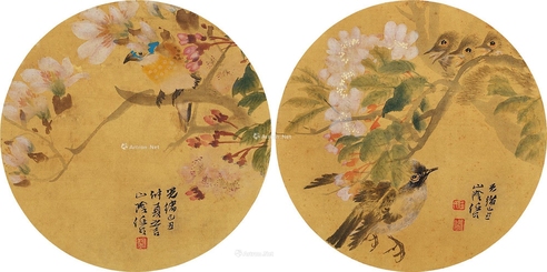 任颐     己丑（1889）年作 桃花小鸟