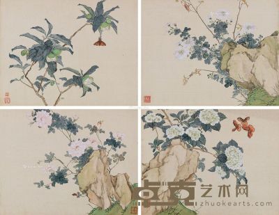 花卉草虫 （四件） 镜片 设色绢本 32×43cm×4