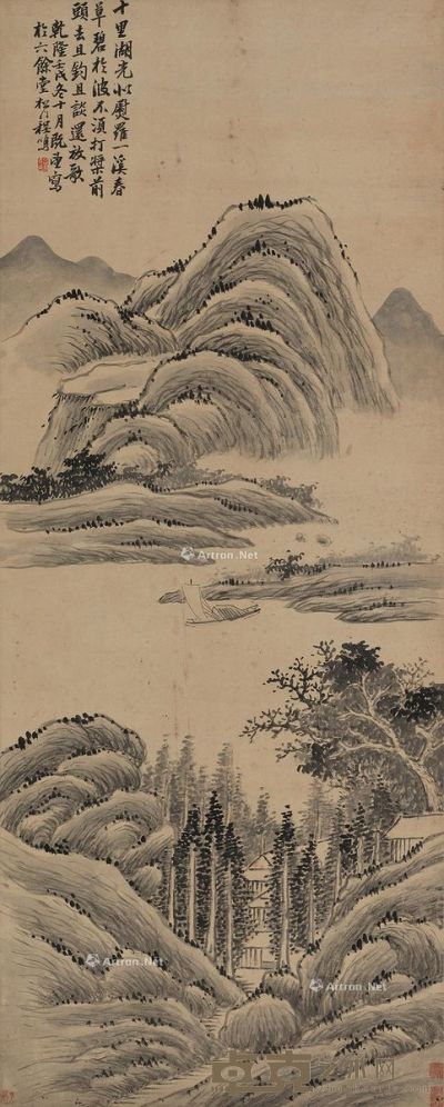 壬戌（1742）年作 十里湖光图 立轴 设色纸本 127×50cm