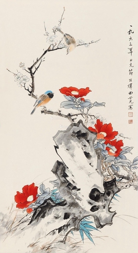 田世光     1963年作 茶花小鸟