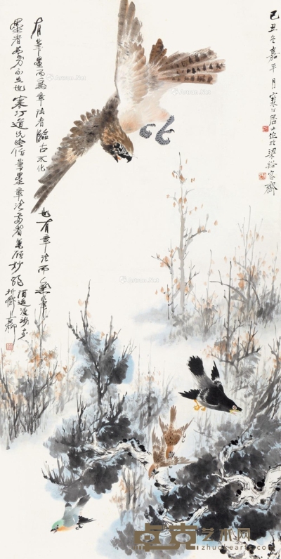 江寒汀     己丑（1949）年作 鹰逐图 135×68.5cm