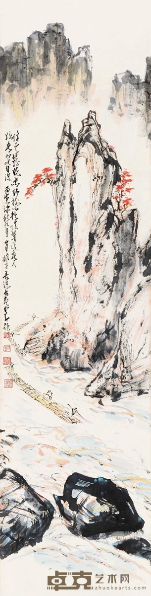 赵少昂 杨善深 关山月 黎雄才     丙寅（1986）年作 山水 136.5×34cm