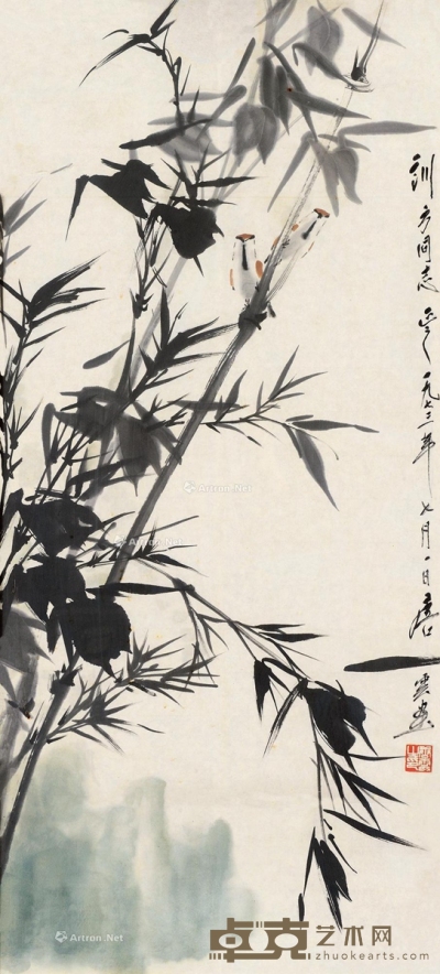 1973年作 竹叶小鸟 镜框 设色纸本 80×36cm