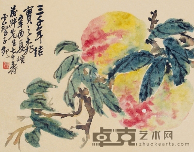 辛酉（1921）年作 寿桃 立轴 设色纸本 18.5×23.5cm