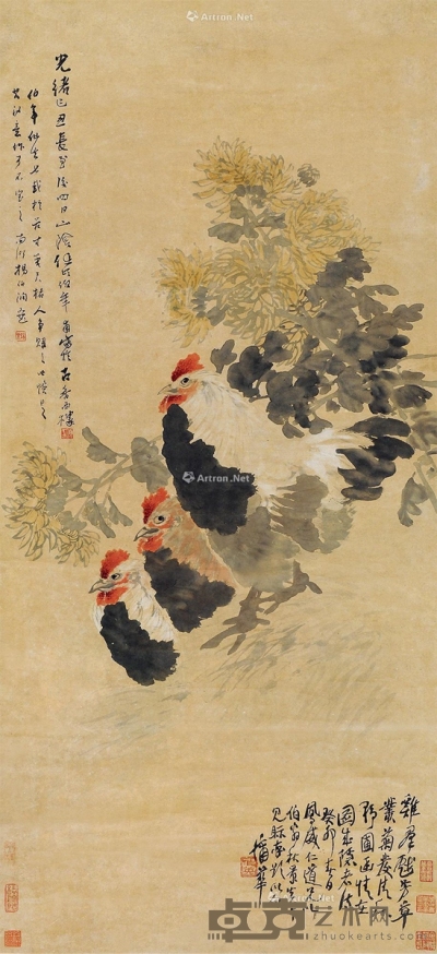 任伯年     己丑（1889）年作 群鸡秋菊 111×50.5cm