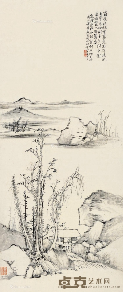 张洽     庚戌（1790）年作 仿云林山水 79×34cm