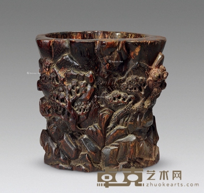 清 沉香雕山水人物纹笔筒 高9.5cm