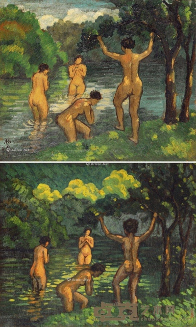 杨秀涛 顾廷康     1931年作 池塘浴女 临池塘浴女 （两幅一组） 33.3×40.7cm；37.5×45cm