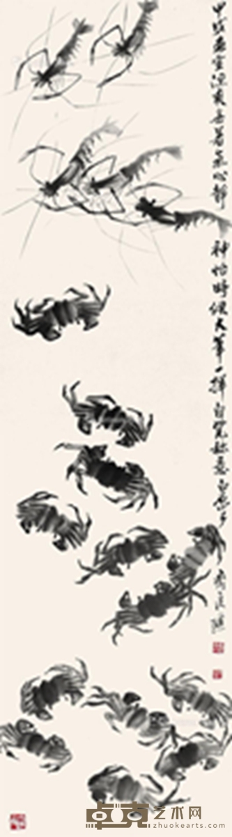 齐良迟     虾蟹图 178×48cm