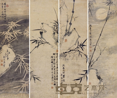 竹石 四屏 立轴 水墨纸本 94×28cm×4
